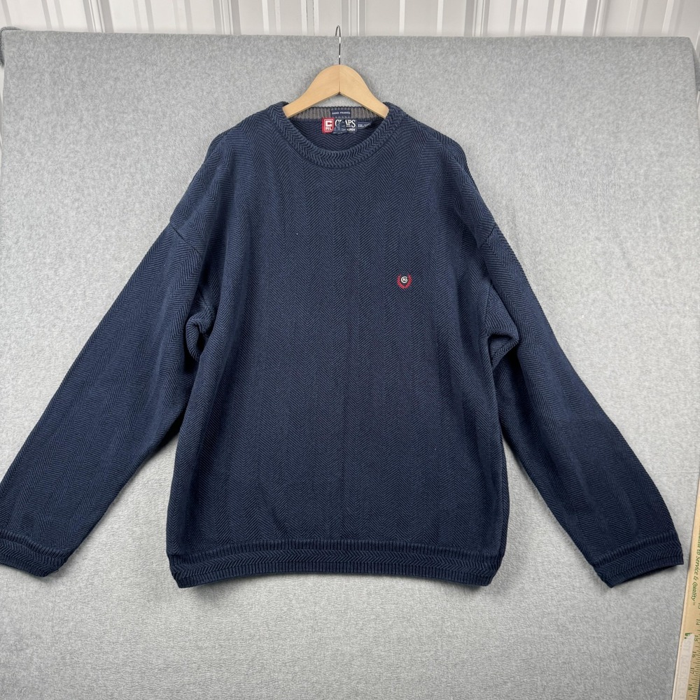 Chaps Ralph Lauren Sweater Mens XXL Navy Blue Chevron Knit Cotton Crew Preppy - Picture 2 of 8